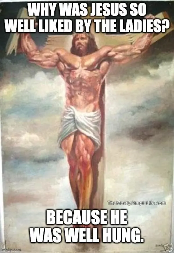 Muscled Jesus on cross.