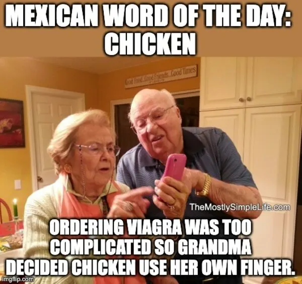 Grandparents using cellphone. Ordering viagra was too complicated... word: chicken