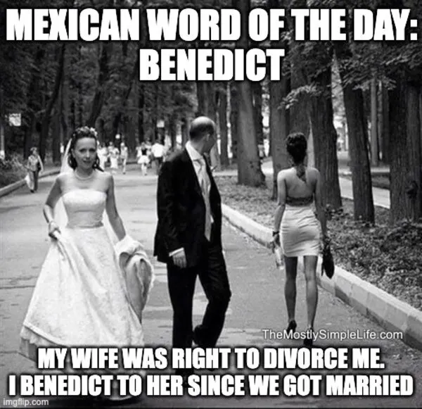 Man looking at other woman while with his bride. Word: Benedict