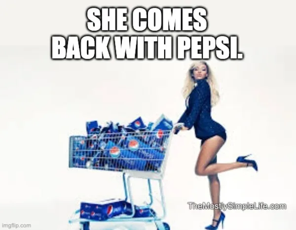 Blonde woman with shopping cart of Pepsi.